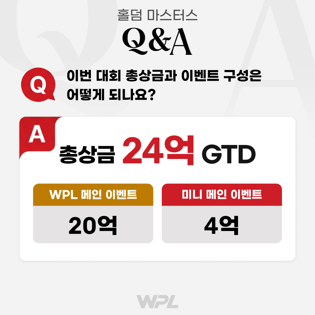 Q. 이번 대회 총상금과 이벤트 구성은 어떻게 되나요? A. 총상금 24억 GTD (WPL 메인 이벤트 20억, 미니 메인 이벤트 4억)